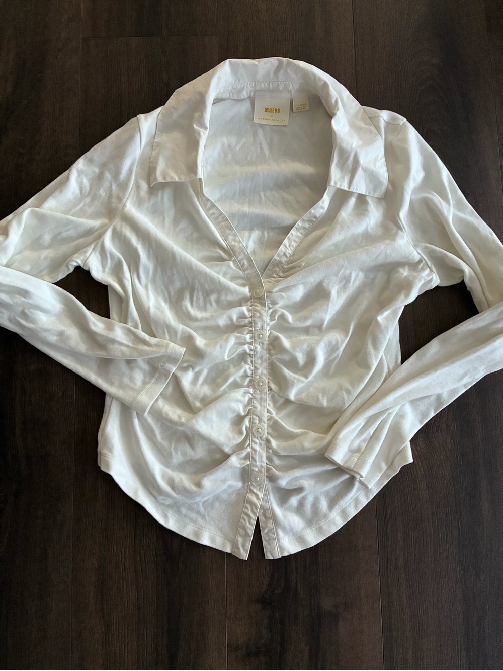 Anthropologie White Ruched Button-Front Blouse